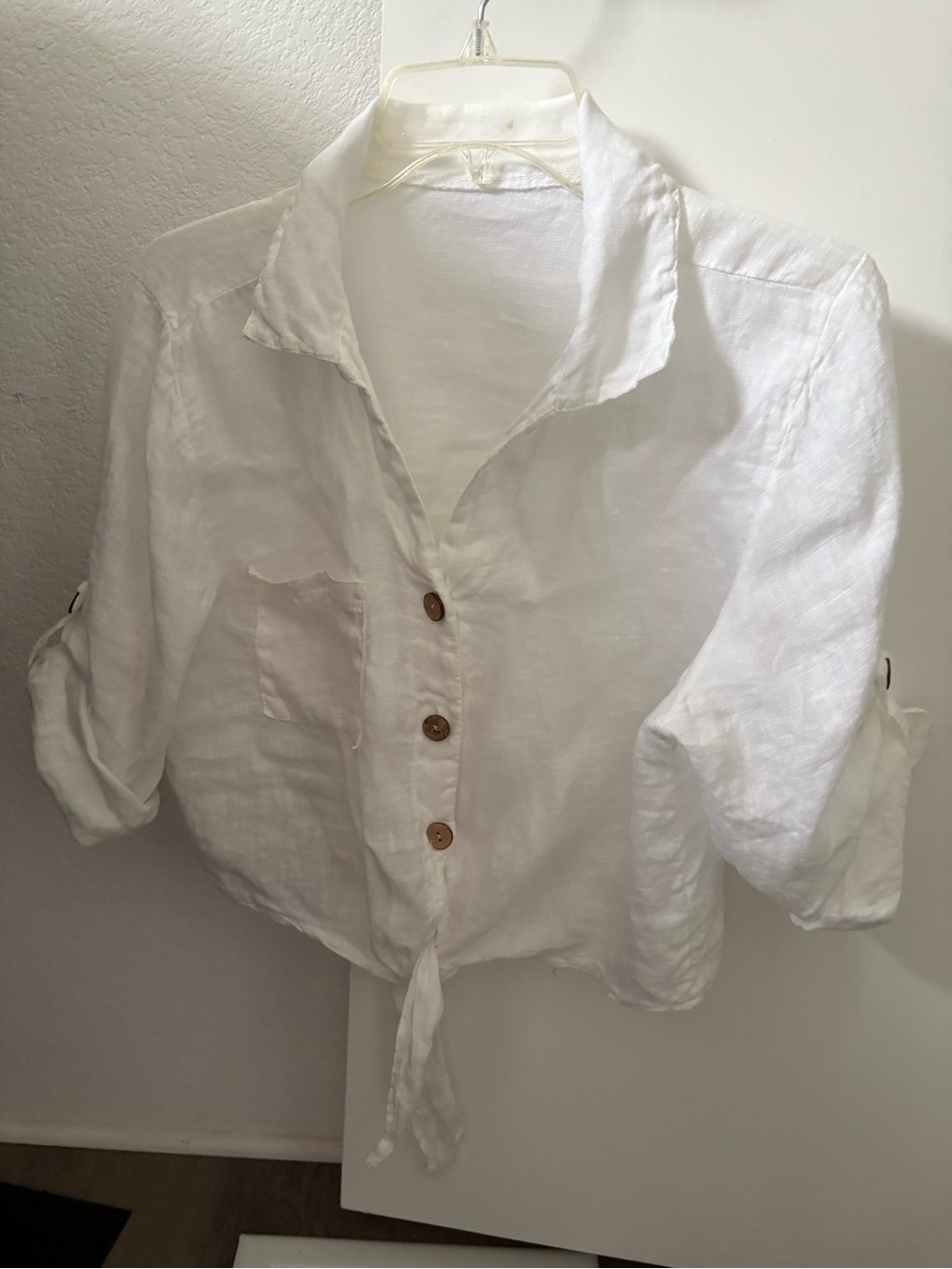 Lightweight White linen Tie-Front Button Shirt - Women's Top from Italy